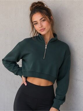 American Tall Forest Green Cropped Quarter Zip Sweatshirt Women’s M